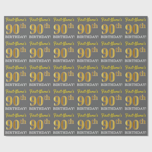 Grey, Imitation Gold Look "90th BIRTHDAY" Wrapping Paper (Flat)