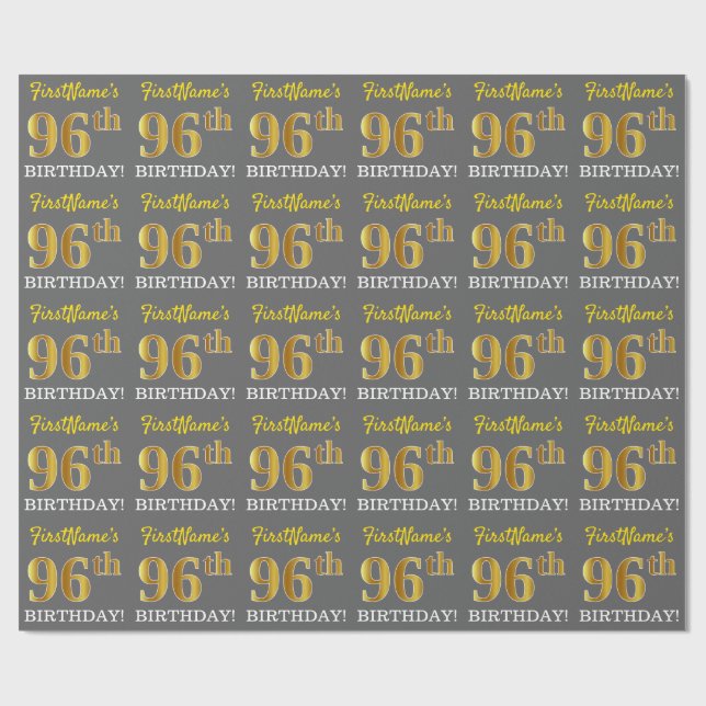 Grey, Imitation Gold Look "96th BIRTHDAY" Wrapping Paper (Flat)