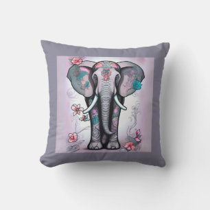 Grey Indian Elephant Embellished with Flowers Cushion