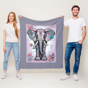 Grey Indian Elephant Embellished with Flowers Fleece Blanket