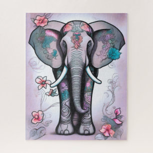 Grey Indian Elephant Embellished with Flowers Jigsaw Puzzle