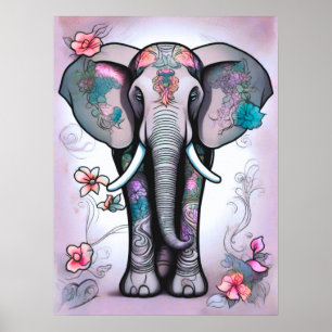 Grey Indian Elephant Embellished with Flowers Poster