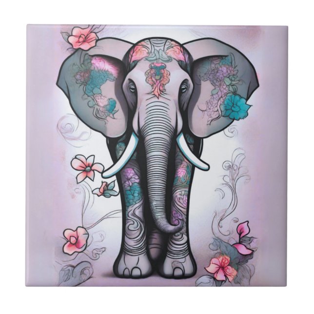 Grey Indian Elephant Embellished with Flowers Tile (Front)