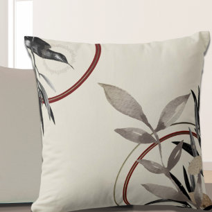 Grey Ivory & Burgundy Simple Watercolor Leaves Cushion