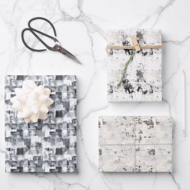 Grey, Ivory & White Abstract Trio  Wrapping Paper Sheet (Front)