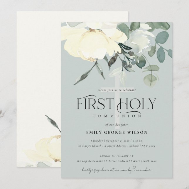 GREY IVORY WHITE AQUA FLORAL FIRST HOLY COMMUNION INVITATION (Front/Back)