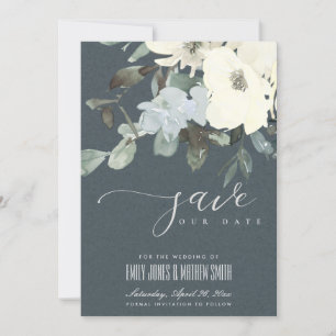 GREY IVORY WHITE AQUA FLORAL WATERCOLOR BUNCH SAVE THE DATE