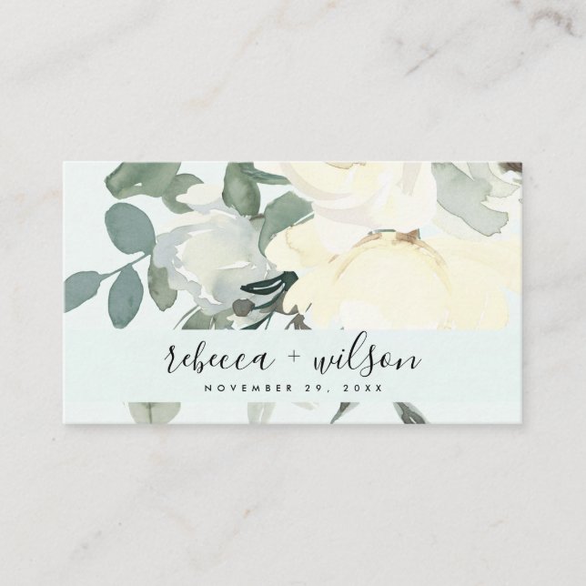 GREY IVORY WHITE AQUA FLORAL WEDDING THANK YOU BUSINESS CARD (Front)