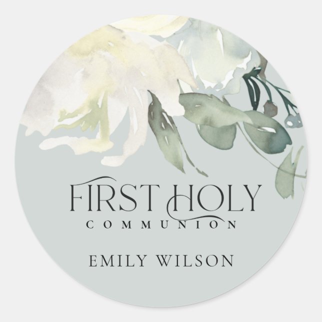 GREY IVORY WHITE FLORAL AQUA FIRST HOLY COMMUNION CLASSIC ROUND STICKER (Front)