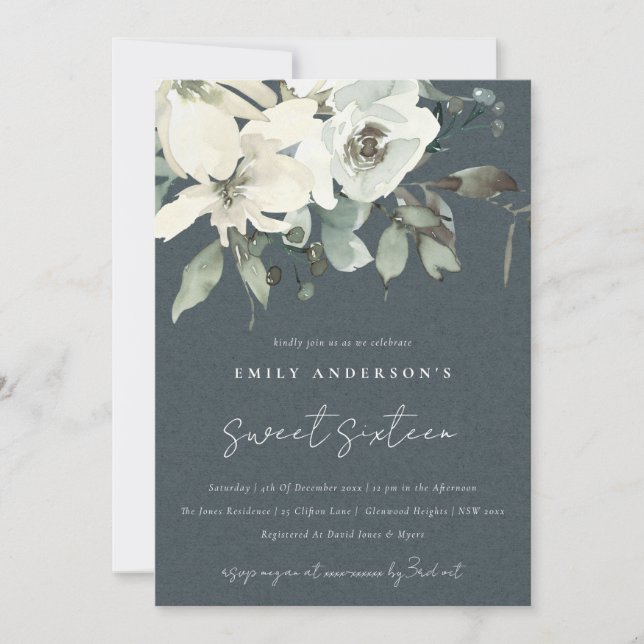 GREY IVORY WHITE FLORAL BUNCH SWEET 16 BIRTHDAY INVITATION (Front)