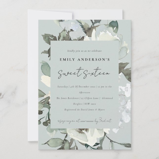 GREY IVORY WHITE FLORAL BUNCH SWEET 16 BIRTHDAY INVITATION (Front)