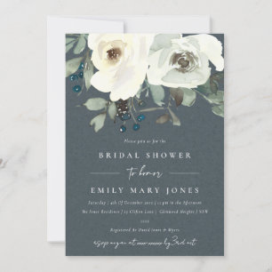 GREY IVORY WHITE FLORAL WATERCOLOR BRIDAL SHOWER INVITATION