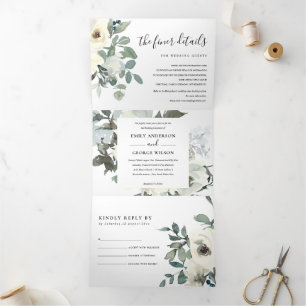 GREY IVORY WHITE FLORAL WATERCOLOR BUNCH WEDDING Tri-Fold INVITATION