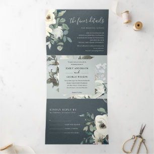 GREY IVORY WHITE FLORAL WATERCOLOR BUNCH WEDDING Tri-Fold INVITATION