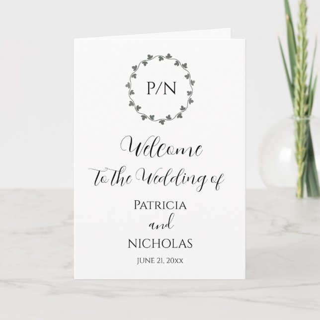 Grey Ivy Wreath and Initials Wedding Programme (Front)