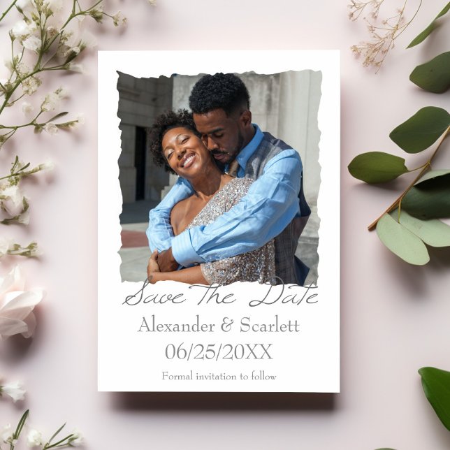 Grey Jagged Frame Photo Save The Date Announcement (Gray Jagged Frame Photo Save the Date)