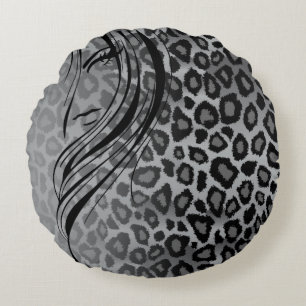 Grey Jaguar Gradient Animal Print with Girl Round Cushion