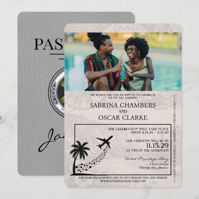 Grey Jamaica Passport Wedding Invitation (Front/Back)