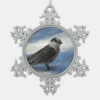 Grey Jay in the Snow Snowflake Pewter Christmas Ornament