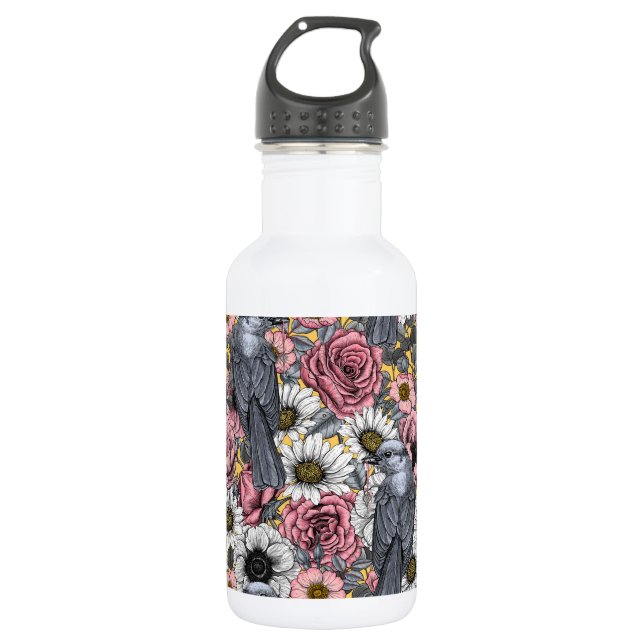 Grey jays and flowers 532 ml water bottle (Front)