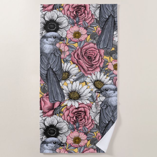 Grey jays and flowers beach towel (Front)