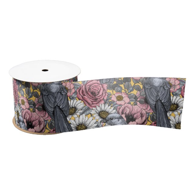 Grey jays and flowers satin ribbon (Spool)