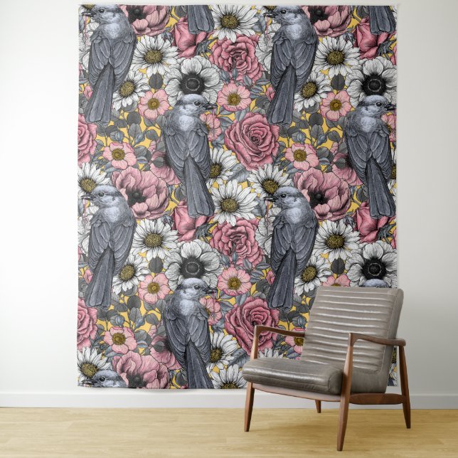 Grey jays and flowers tapestry (In Situ)