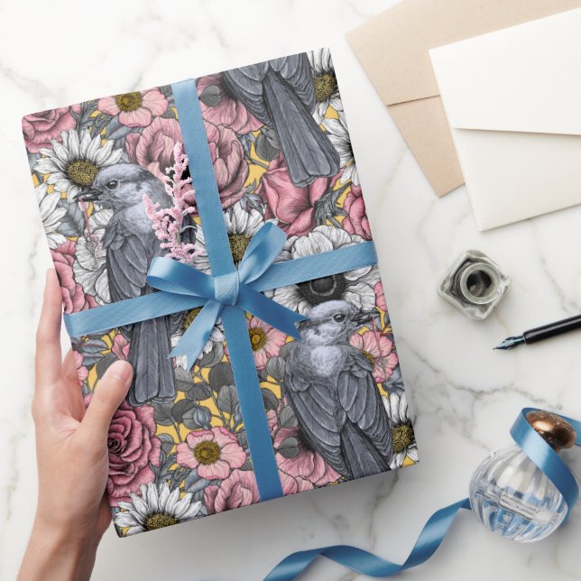 Grey jays and flowers wrapping paper (Gifting)