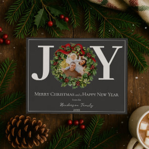 Grey Joy Christmas Wreath Photo Holiday Card