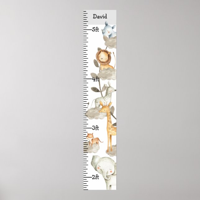Grey Jungle Safari Animals Growth Chart Custom (Front)