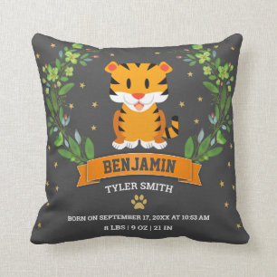 Grey Jungle Safari Tiger Baby Boy Birth Stats Cushion