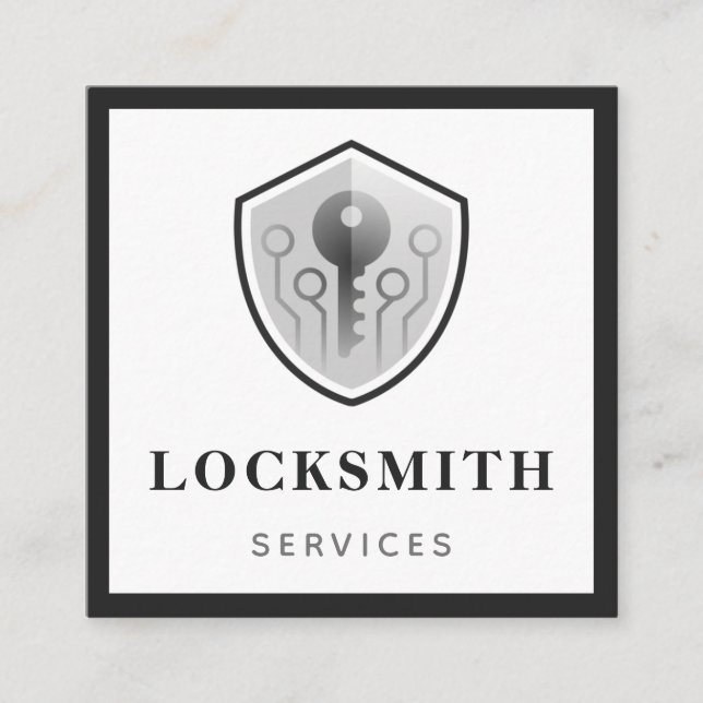 Grey Key Logo Locksmith Services Social Media Bold Square Business Card (Front)