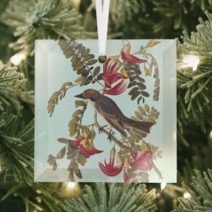 Grey Kingbird Audubon Bird on Flowering Tree Glass Tree Decoration
