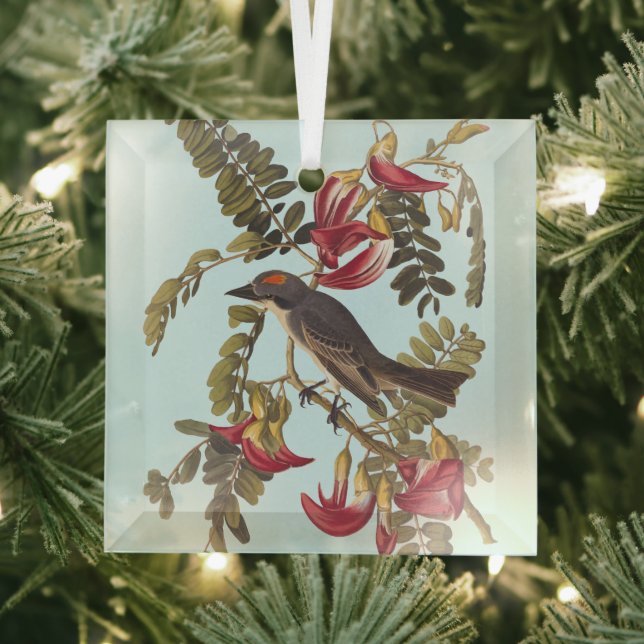 Grey Kingbird Audubon Bird on Flowering Tree Glass Tree Decoration (Insitu)