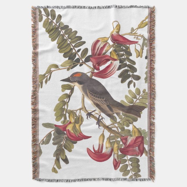 Grey Kingbird Audubon Bird on Flowering Tree Throw Blanket (Front Vertical)