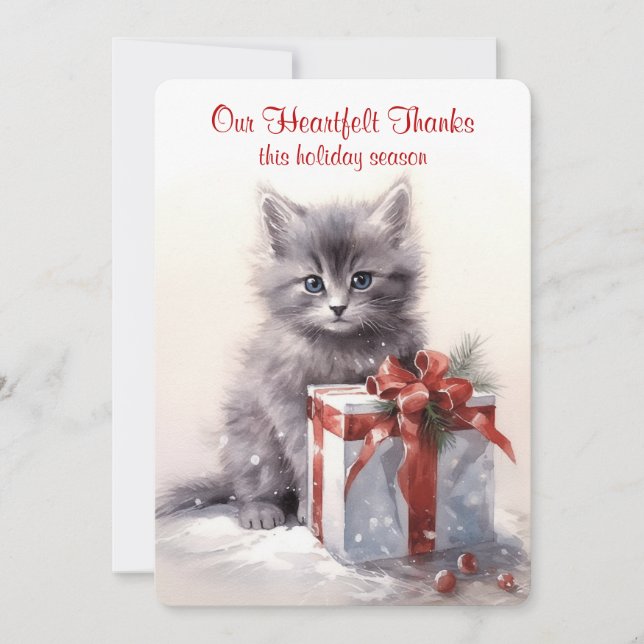 Grey Kitten Christmas Watercolor Holiday Card (Front)