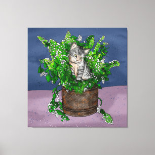 Grey Kitten in Bucket of Catnip  Canvas Print