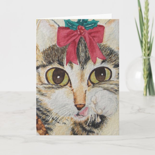 grey kitten licking paws wearing red bow christmas holiday card (Front)