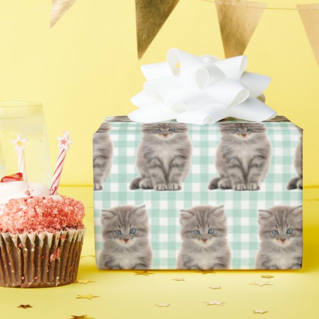 Grey Kitten On Green and White Gingham Wrapping Paper (Birthday Party)