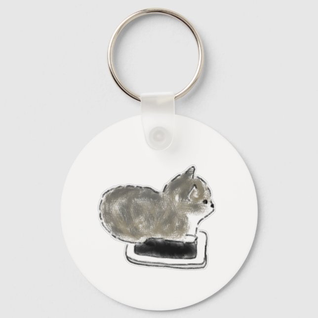 Grey Kitten On Smartphone Pencil Art Key Ring (Front)