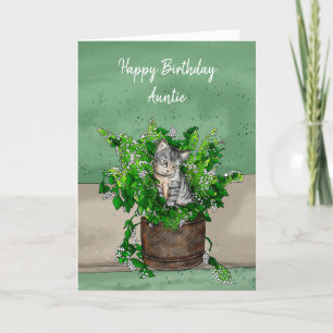 Grey Kitten sitting in a Pot of Catnip Birthday    Card