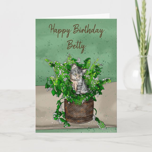 Grey Kitten sitting in a Pot of Catnip Birthday Card (Front)