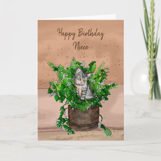Grey Kitten sitting in a Pot of Catnip Birthday    Card (Front)
