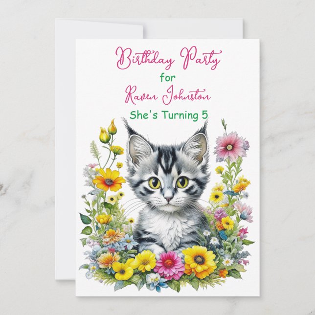 Grey Kitten Themed Floral Girl's Birthday Party Invitation (Front)