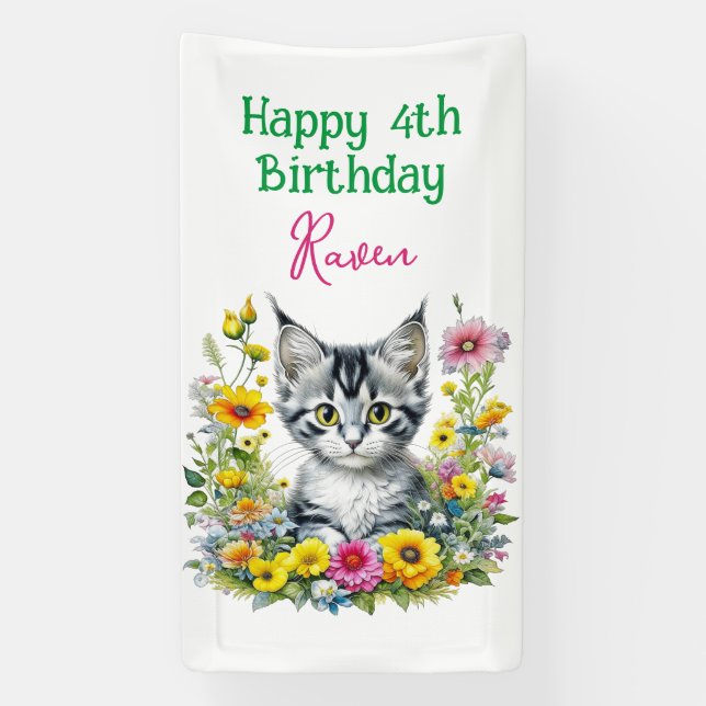 Grey Kitten Themed  Girl's Birthday Party Invite Banner (Vertical)