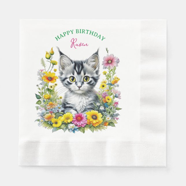 Grey Kitten Themed  Girl's Birthday Party Invite Napkin (Front)