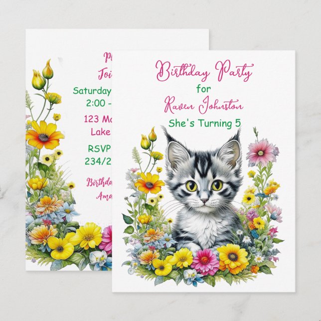 Grey Kitten Themed  Girl's Birthday Party Invite Postcard (Front/Back)