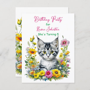 Grey Kitten Themed Girl's Birthday Party Invite Postcard