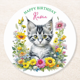 Grey Kitten Themed Girl's Birthday Party Invite Round Paper Coaster