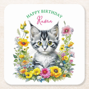 Grey Kitten Themed Girl's Birthday Party Invite Square Paper Coaster